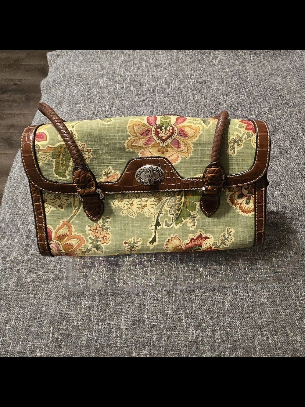 Rosetti Floral Green Canvas Satchel with Brown Trim
